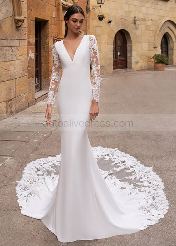 Long Sleeve V Neck Ivory Satin Lace Wedding Dress